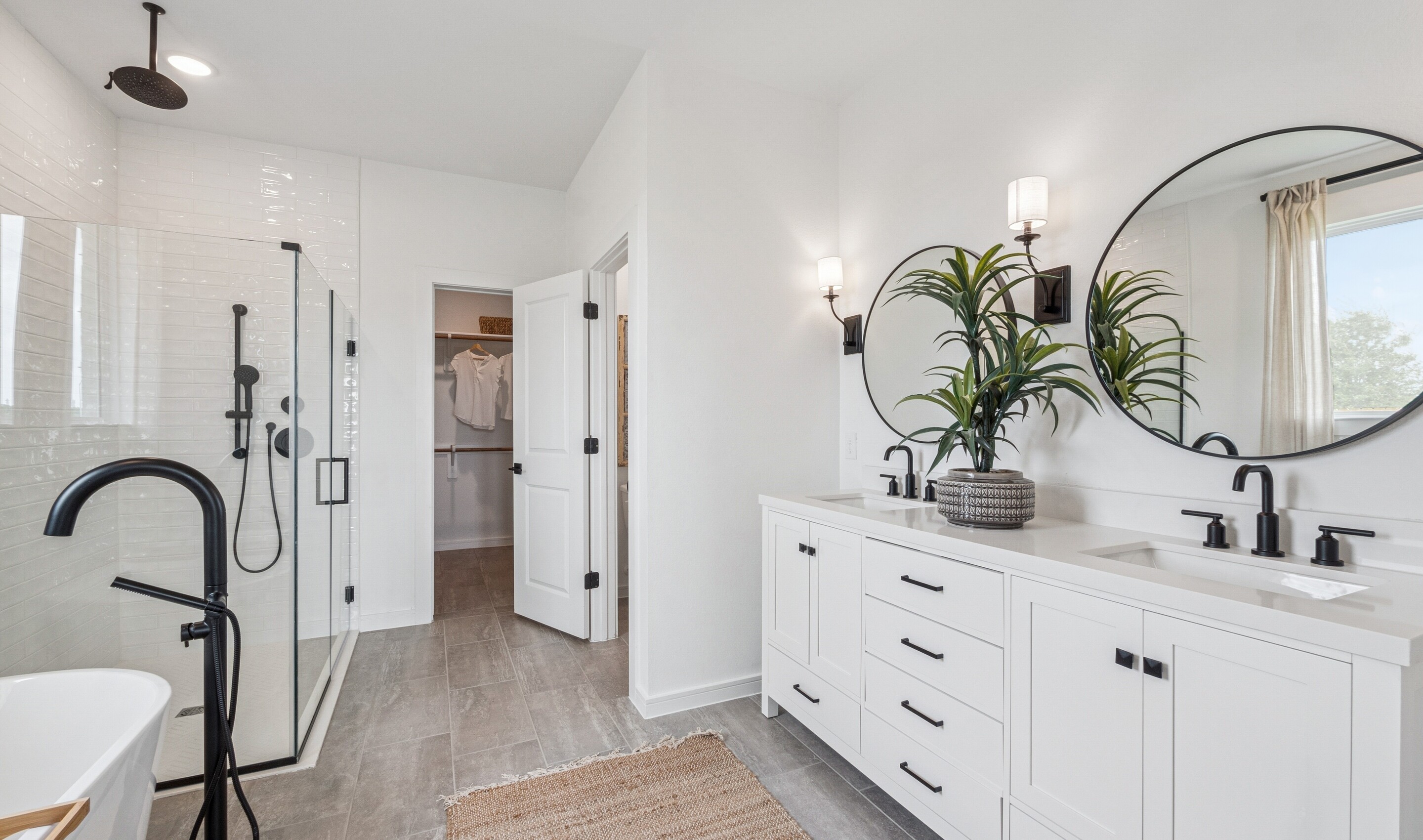 Primary bath with matte black fixtures