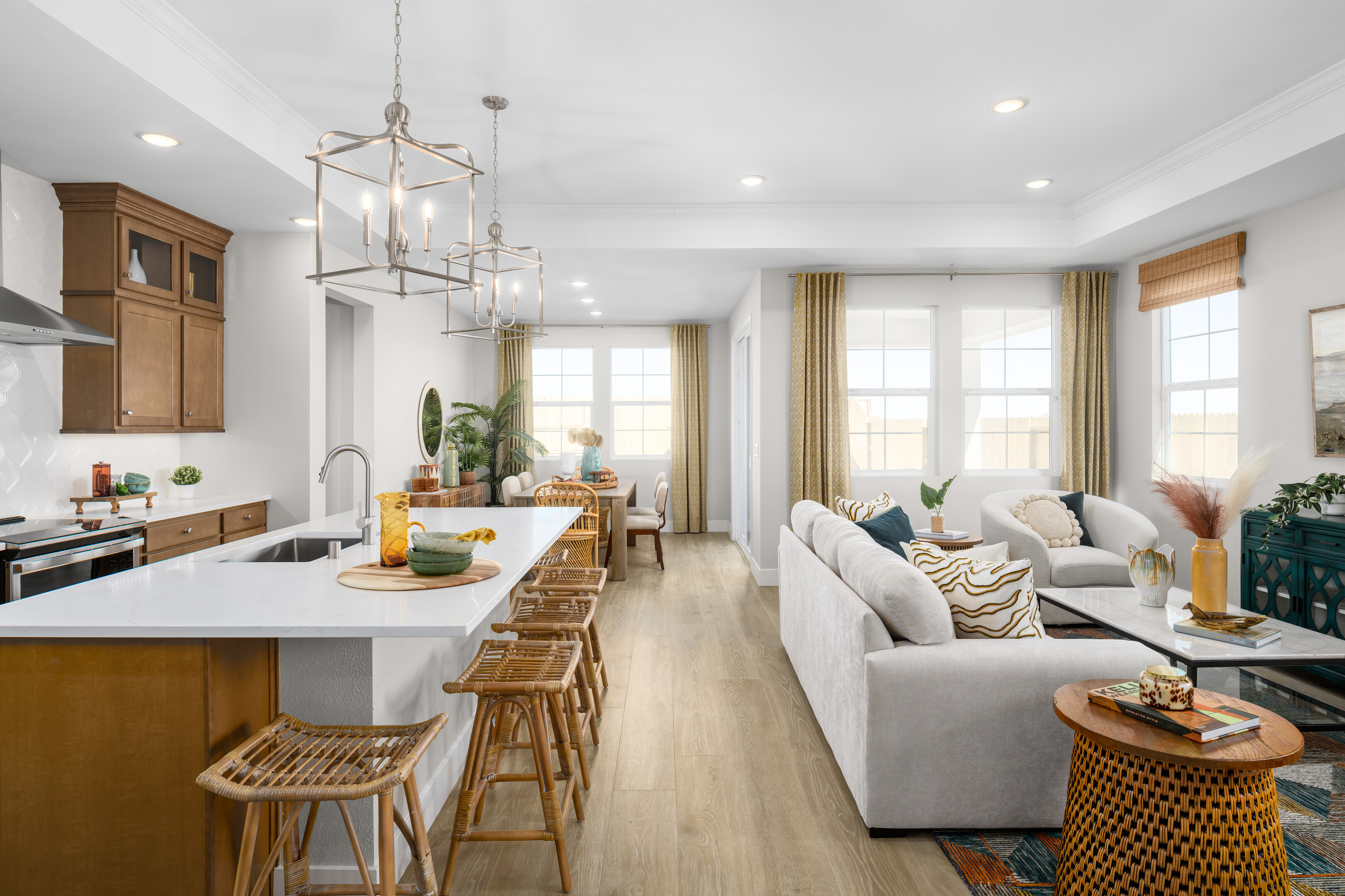 Stately pendant lighting over the kitchen island