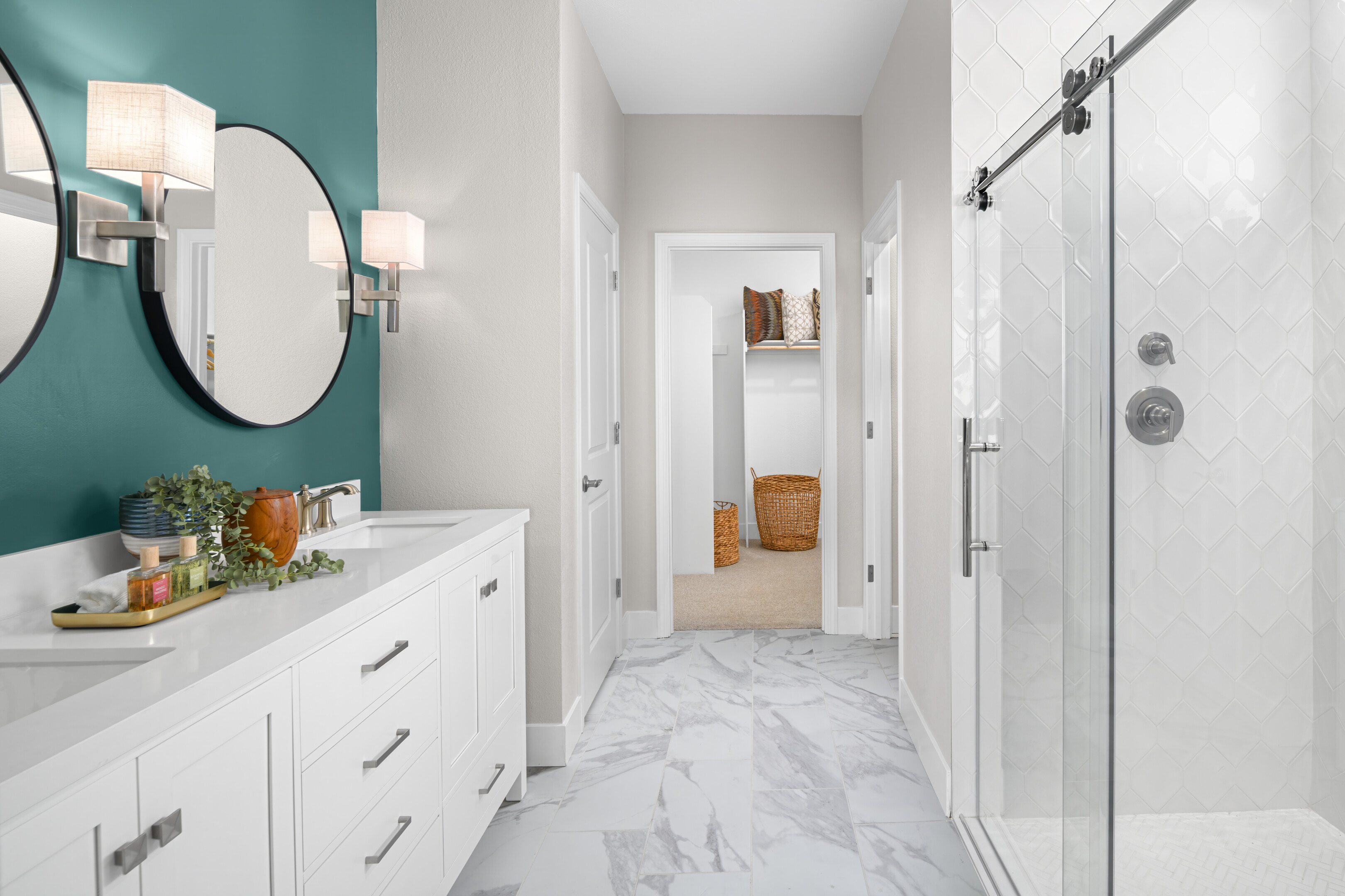 Primary bath with glass shower enclosure
